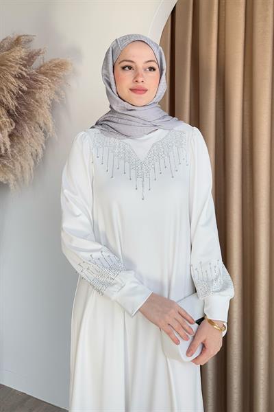 Taşlı İncili Beyaz Scuba Elbise