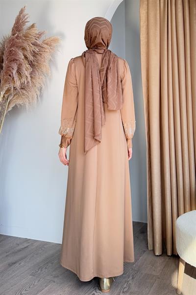 Taşlı İncili Camel Scuba Elbise