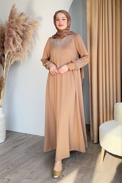 Taşlı İncili Camel Scuba Elbise