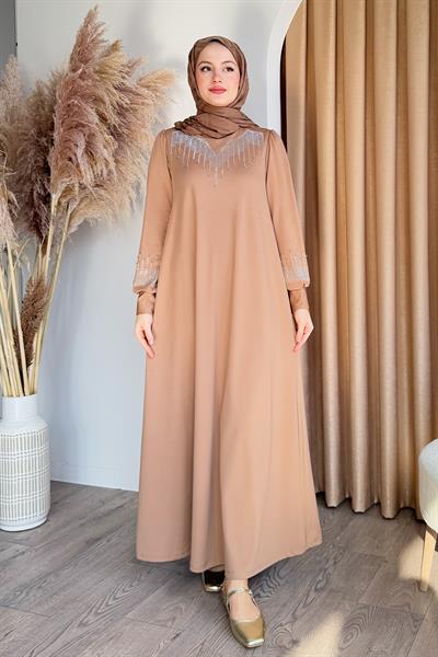 Taşlı İncili Camel Scuba Elbise