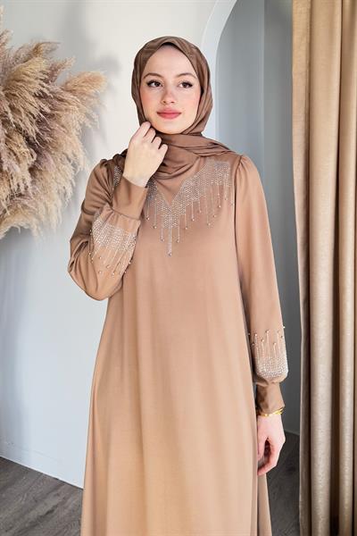 Taşlı İncili Camel Scuba Elbise