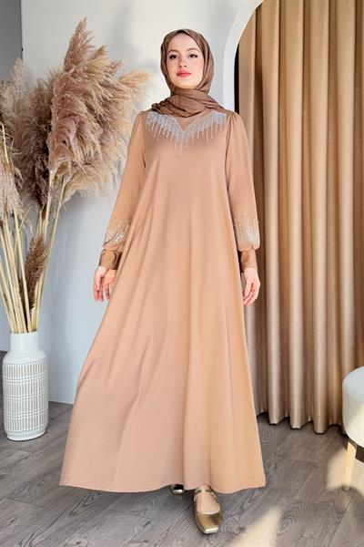 Taşlı İncili Camel Scuba Elbise