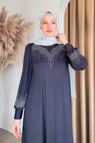Taşlı İncili Lacivert Scuba Elbise