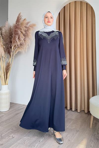 Taşlı İncili Lacivert Scuba Elbise