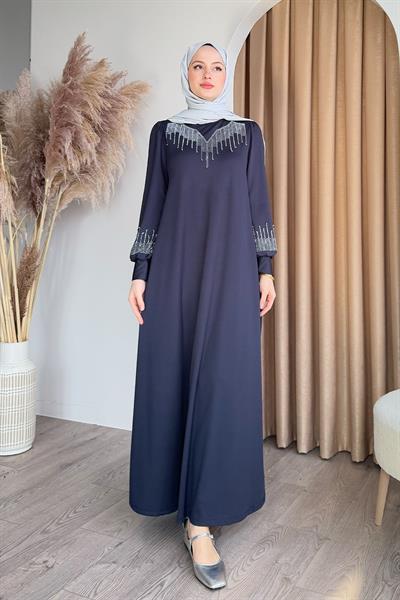 Taşlı İncili Lacivert Scuba Elbise