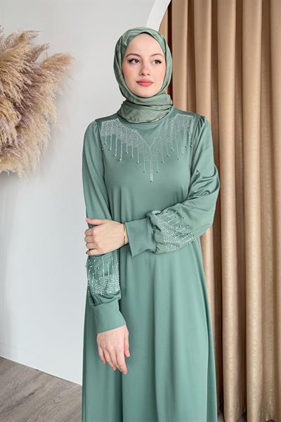 Taşlı İncili Mint Yeşili Scuba Elbise