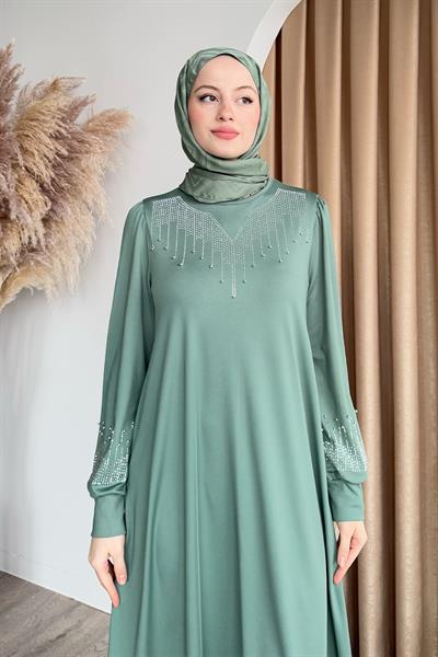 Taşlı İncili Mint Yeşili Scuba Elbise