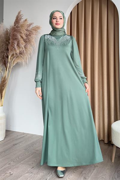 Taşlı İncili Mint Yeşili Scuba Elbise