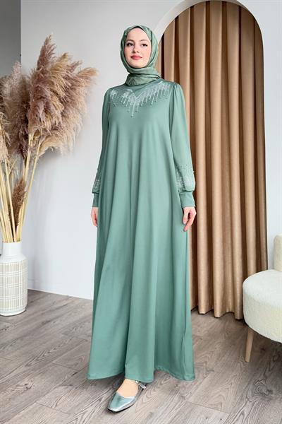 Taşlı İncili Mint Yeşili Scuba Elbise