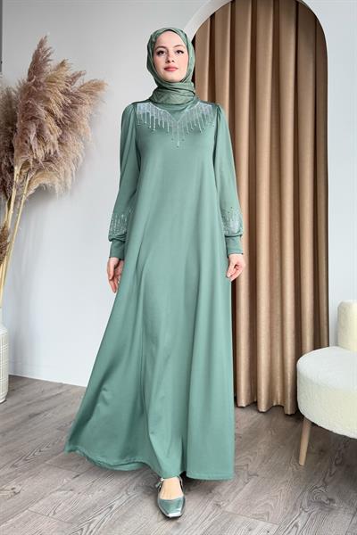 Taşlı İncili Mint Yeşili Scuba Elbise