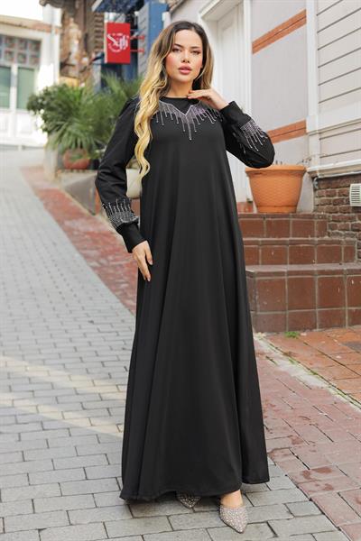 Taşlı İncili Siyah Scuba Elbise