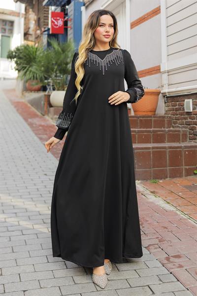 Taşlı İncili Siyah Scuba Elbise