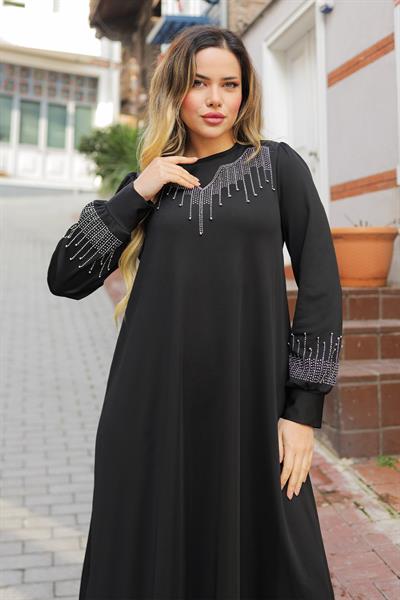 Taşlı İncili Siyah Scuba Elbise