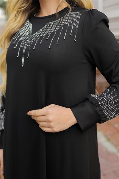 Taşlı İncili Siyah Scuba Elbise