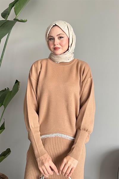 Taşlı Jile Camel Triko Takım