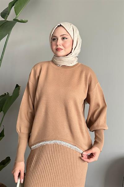 Taşlı Jile Camel Triko Takım