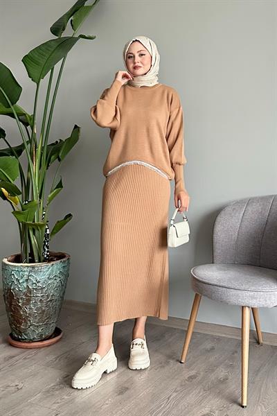 Taşlı Jile Camel Triko Takım