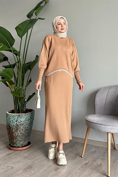 Taşlı Jile Camel Triko Takım
