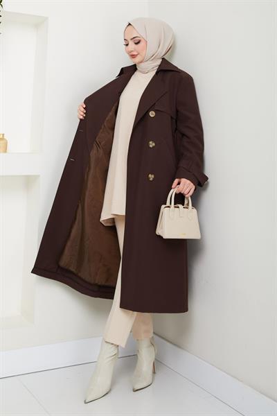 Taşlı Toka Detaylı Astarlı Acı Kahve Trençkot