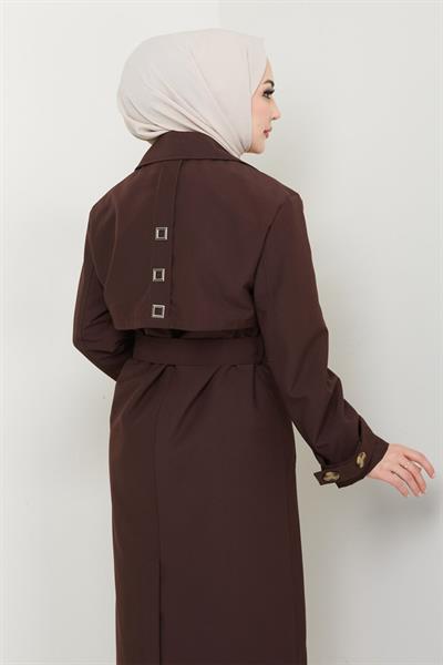 Taşlı Toka Detaylı Astarlı Acı Kahve Trençkot