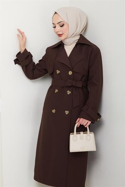 Taşlı Toka Detaylı Astarlı Acı Kahve Trençkot