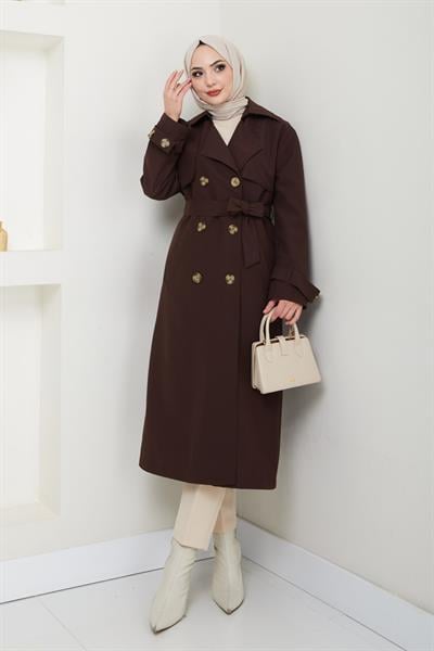 Taşlı Toka Detaylı Astarlı Acı Kahve Trençkot
