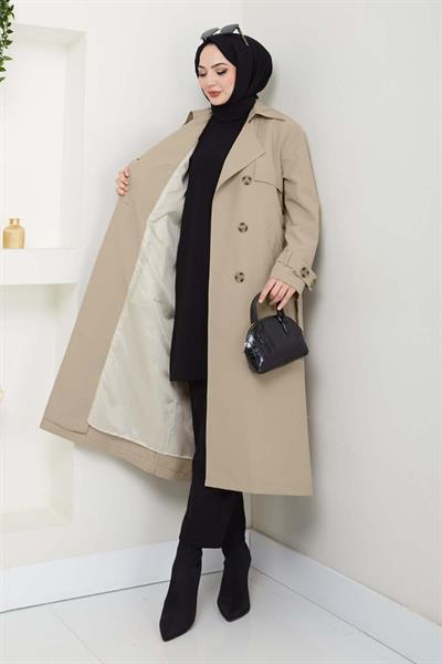 Taşlı Toka Detaylı Astarlı Açık Bej Trençkot