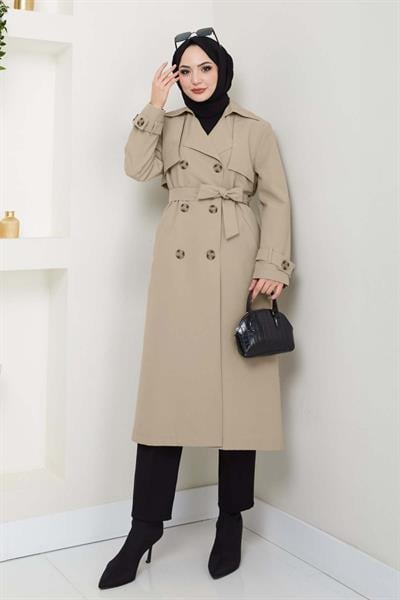 Taşlı Toka Detaylı Astarlı Açık Bej Trençkot