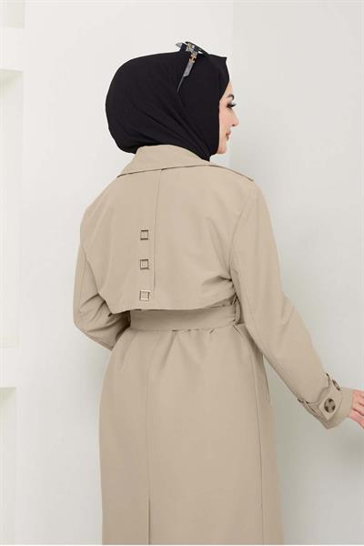 Taşlı Toka Detaylı Astarlı Açık Bej Trençkot
