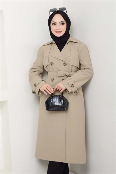 Taşlı Toka Detaylı Astarlı Açık Bej Trençkot