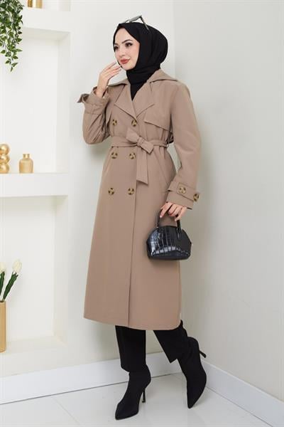 Taşlı Toka Detaylı Astarlı Bej Trençkot