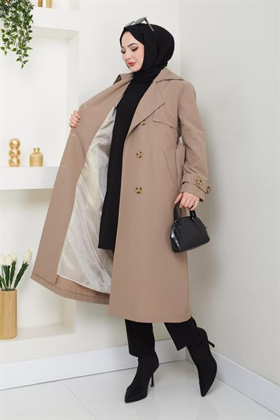 Taşlı Toka Detaylı Astarlı Bej Trençkot