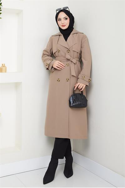 Taşlı Toka Detaylı Astarlı Bej Trençkot