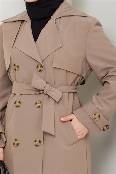Taşlı Toka Detaylı Astarlı Bej Trençkot
