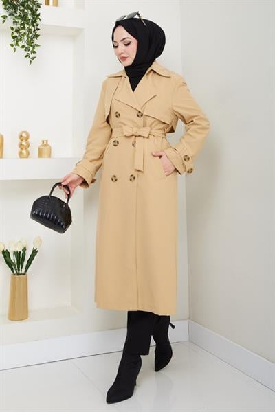 Taşlı Toka Detaylı Astarlı Camel Trençkot