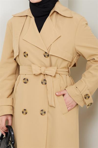 Taşlı Toka Detaylı Astarlı Camel Trençkot