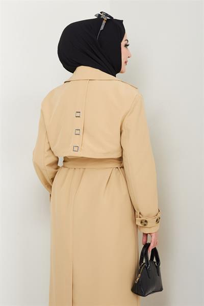 Taşlı Toka Detaylı Astarlı Camel Trençkot