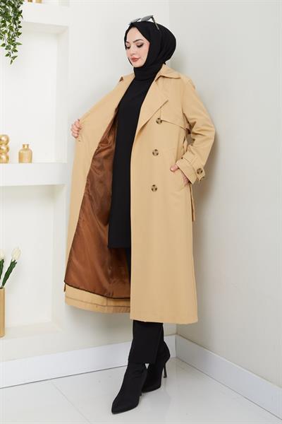 Taşlı Toka Detaylı Astarlı Camel Trençkot