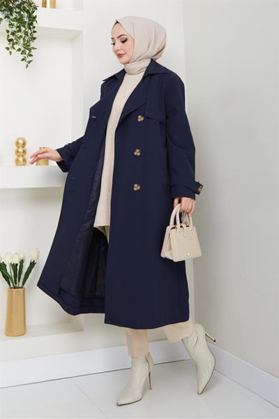 Taşlı Toka Detaylı Astarlı Lacivert Trençkot