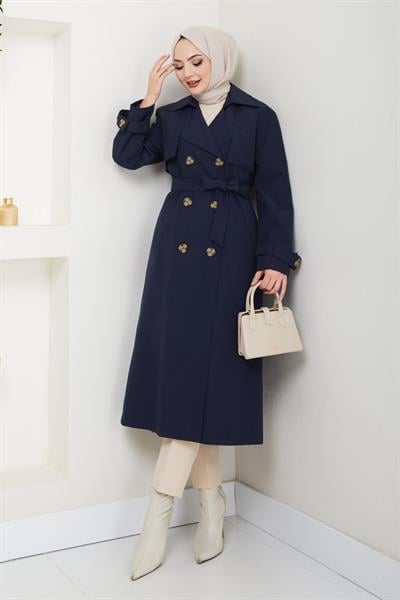 Taşlı Toka Detaylı Astarlı Lacivert Trençkot
