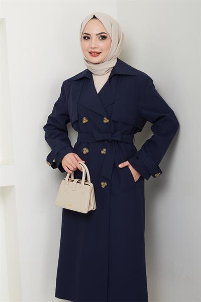 Taşlı Toka Detaylı Astarlı Lacivert Trençkot