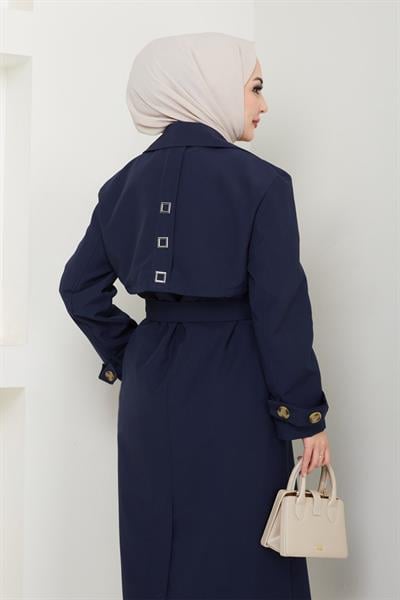 Taşlı Toka Detaylı Astarlı Lacivert Trençkot