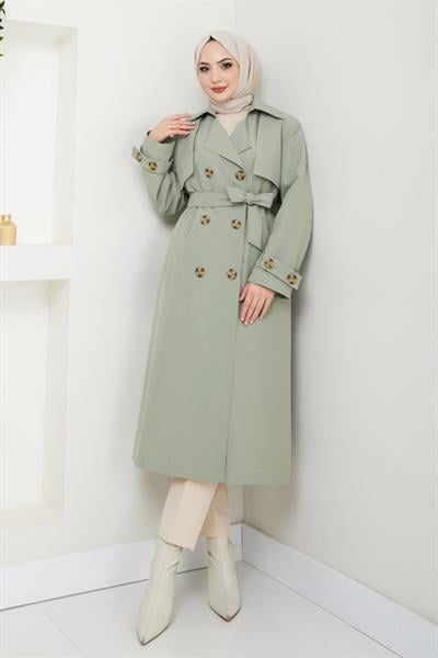 Taşlı Toka Detaylı Astarlı Mint Yeşili Trençkot