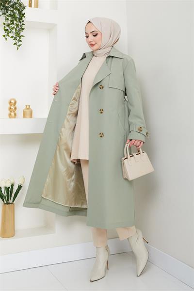 Taşlı Toka Detaylı Astarlı Mint Yeşili Trençkot