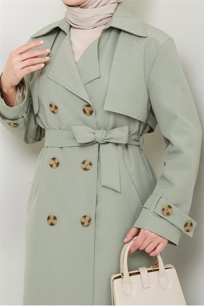 Taşlı Toka Detaylı Astarlı Mint Yeşili Trençkot