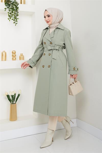 Taşlı Toka Detaylı Astarlı Mint Yeşili Trençkot
