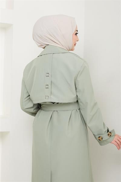 Taşlı Toka Detaylı Astarlı Mint Yeşili Trençkot
