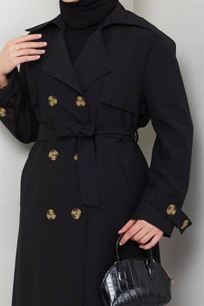 Taşlı Toka Detaylı Astarlı Siyah Trençkot