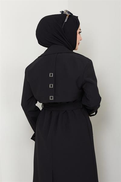 Taşlı Toka Detaylı Astarlı Siyah Trençkot