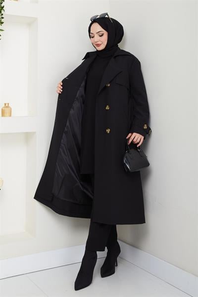 Taşlı Toka Detaylı Astarlı Siyah Trençkot